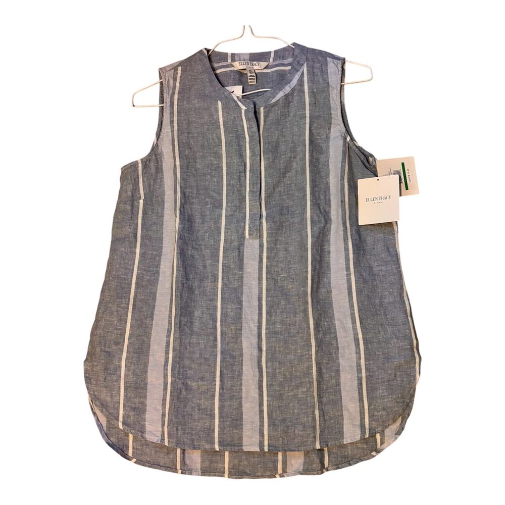 New Ellen Tracy 100% Linen Sleeveless Tunic Half Button Blue & White Stripes XL